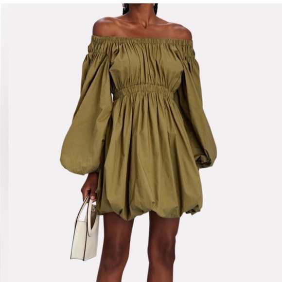 Ulla Johnson Martine off-shoulder puff-sleeve mini dress in olive green— size 4 - Picture 1 of 13